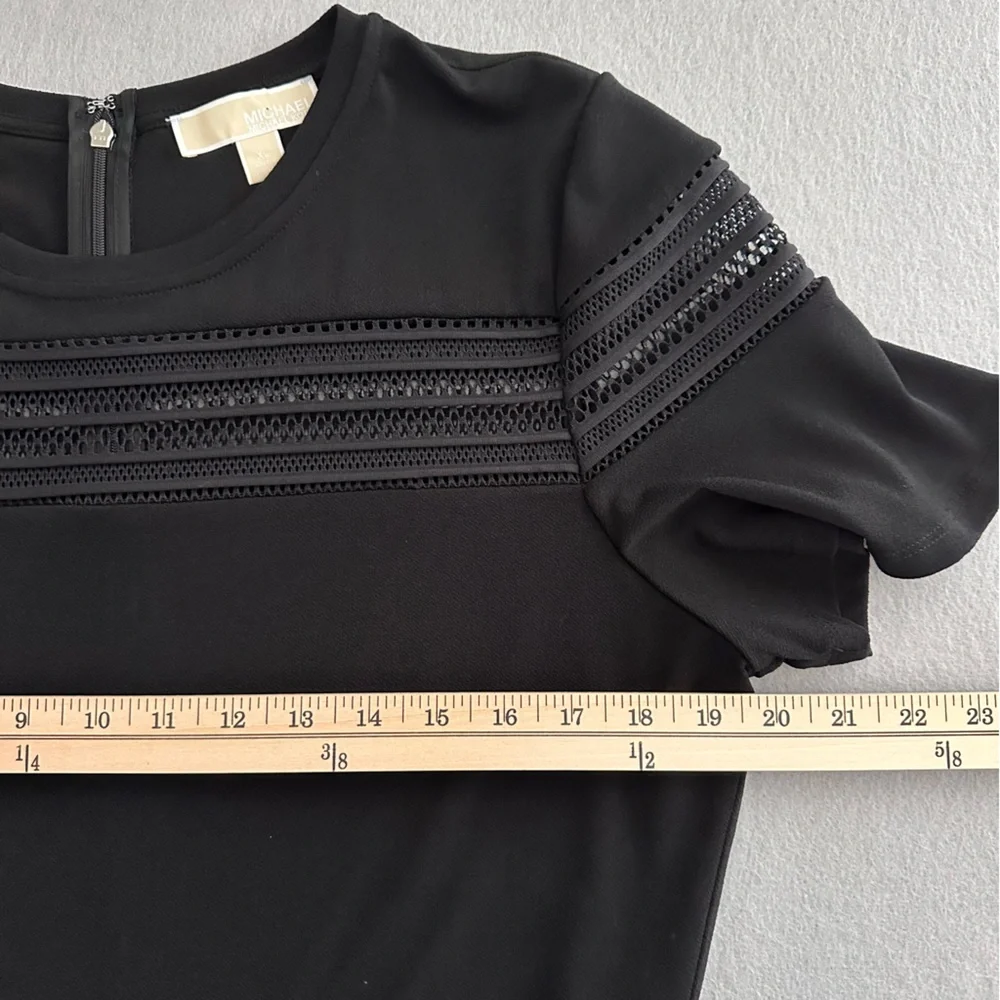 Michael Kors Black A-Line Dress Short Sleeve Ruffle Hem Crew Neck Mesh Insets XL - Picture 9 of 11
